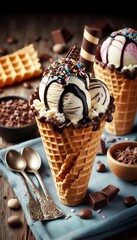 Sweet Summer Treat: Two Scoops of Ice Cream in Waffle Cone, Dessert Indulgence