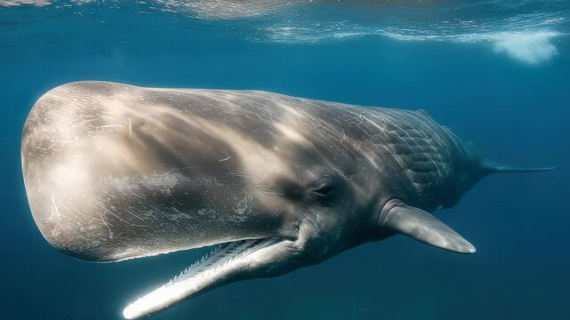 Sperm whale swims gracefully underwater in vibrant blue ocean depths