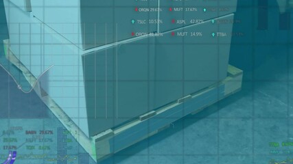Camera panning outward causing financial overlay animating charts and market data over pallet boxes - Powered by Adobe