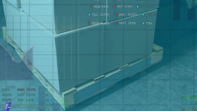 Camera panning outward causing financial overlay animating charts and market data over pallet boxes
