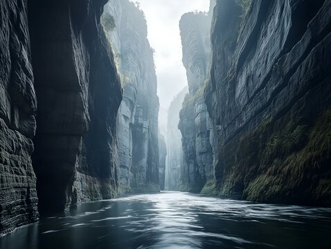 dark canyon, waterfall, flowing water, shadowy atmosphere, dramatic lighting, rocky walls.