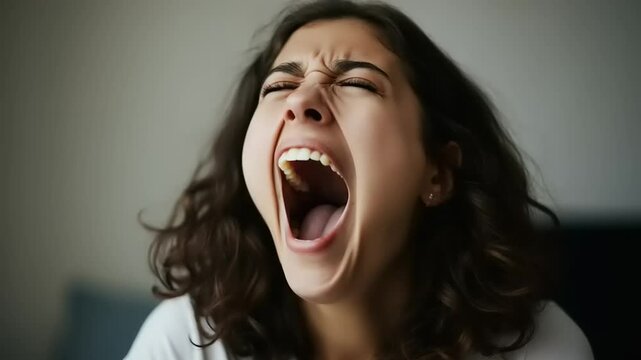 Young woman yawning in a cozy indoor setting, expressing fatigue while soft light illuminates her face
