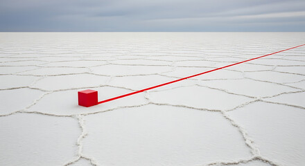 Conceptual art. A single, small, red cube is undertaking a long journey across a vast, cracked, white salt flat. The cube leaves a thin, perfectly straight red line behind it on the white ground. The 