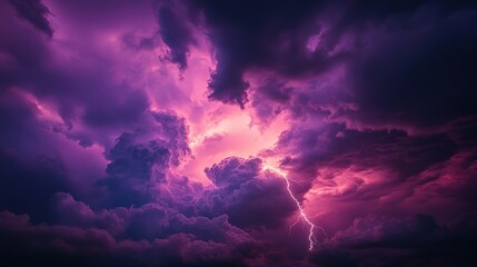 Dramatic Purple Sky with Lightning Strikes and Dark Clouds at Dusk