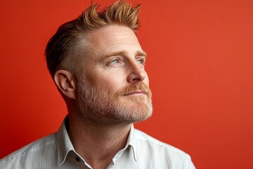 Obraz premium An artistic and modern man captured in a studio. Fashionable men's undercut haircut - midlife white man with red hair. Red solid background. Graphic design of style for aging men.