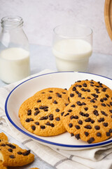 Plate of tasty cookies with chocolate chips on white background
