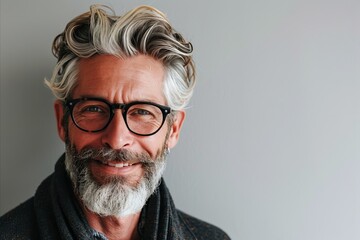 Portrait of a handsome senior man with grey hair and glasses.