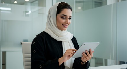 Confident Muslim businesswoman uses tablet in modern office.