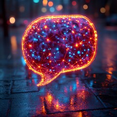 glowing speech bubble connecting diverse crowd communication skills concept symbolic digital art with connection lines and light effects