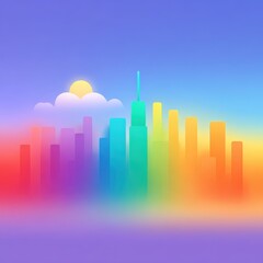 Fototapeta premium Rainbow cityscape illustration with buildings, sun, and clouds colorful concept