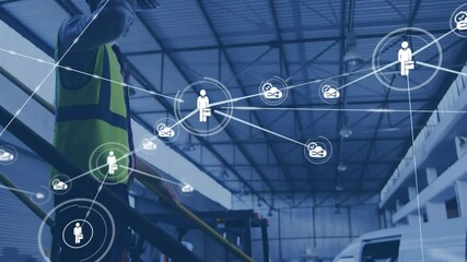 Warehouse operator climbing stairs pressing radio monitoring digital logistics network expanding - Powered by Adobe