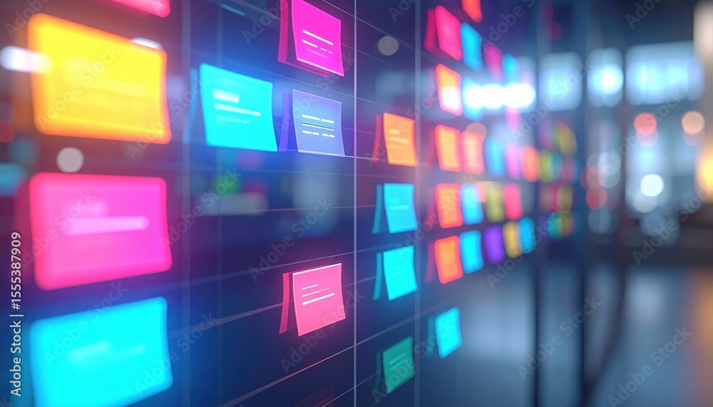 Poster vibrant digital interface displaying colorful notifications and icons on a modern technology screen 