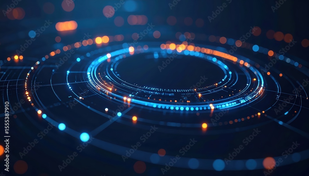 Poster futuristic digital interface with glowing circular elements and dynamic light effects representing t