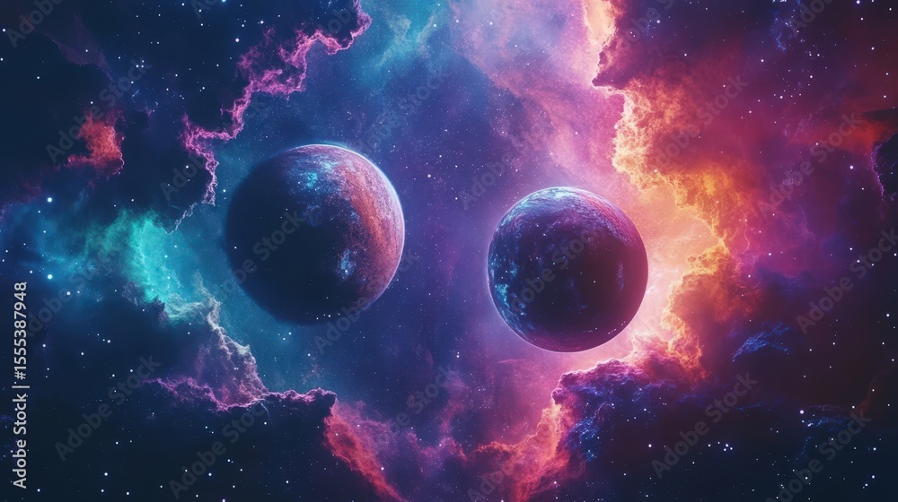 Wall mural two glowing planets in a colorful nebula with vibrant cosmic clouds surrounding them in space.