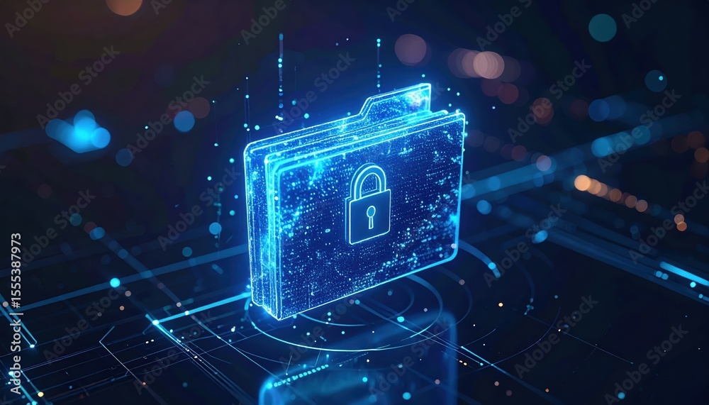 Poster digital security lock folder icon hologram in futuristic abstract tech background with blue light ef