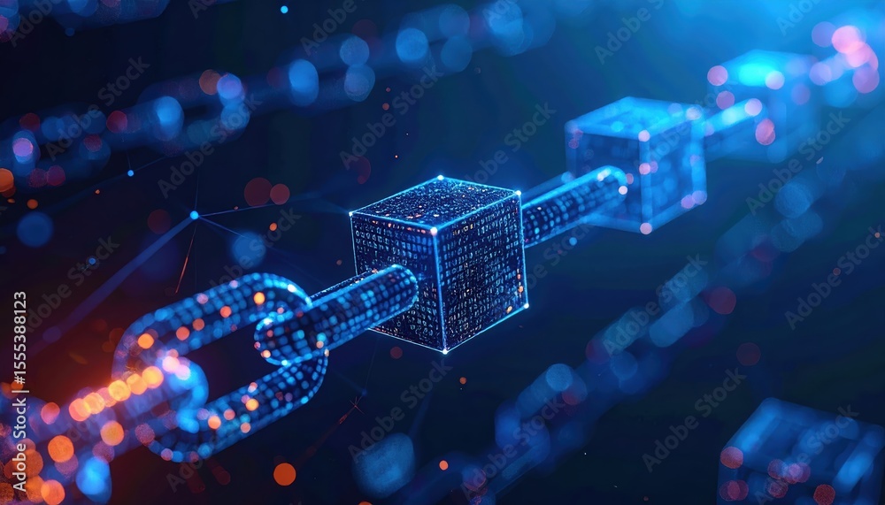 Poster high tech digital blockchain chain with cubes and light effects representing data security and crypt