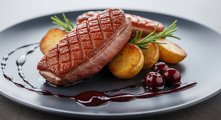 Seared Duck Breast with Roasted Potatoes and Cherry Sauce Gourmet Recipe