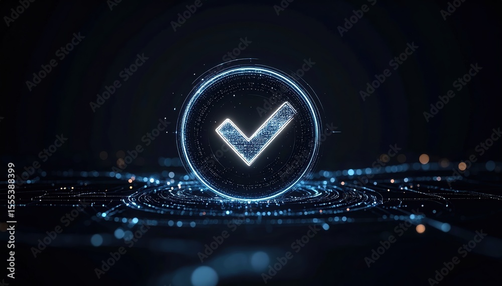 Poster digital checkmark icon illuminated with glowing futuristic effects symbolizing approval verification