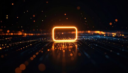 Bright glowing orange rectangular frame floating above futuristic digital circuit lines with glowing dots at night creating a high tech abstract background