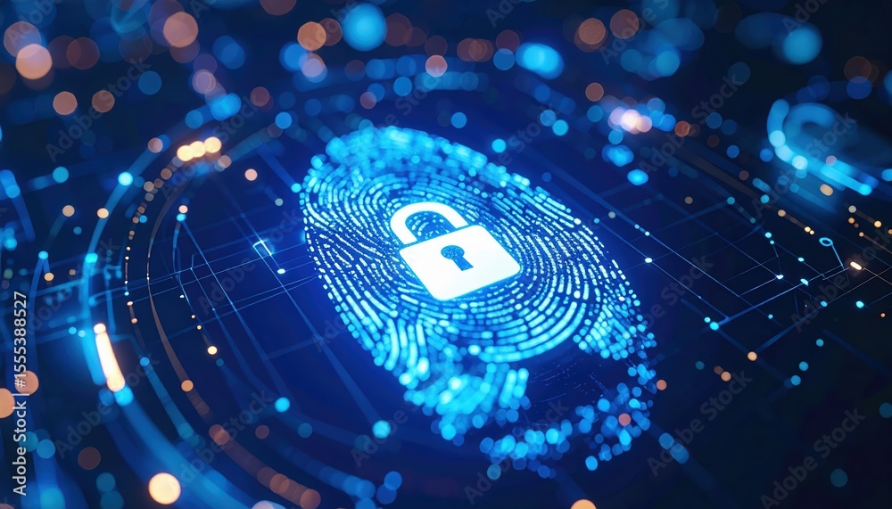 Poster digital security concept with glowing fingerprint scan and lock icon on futuristic blue digital back
