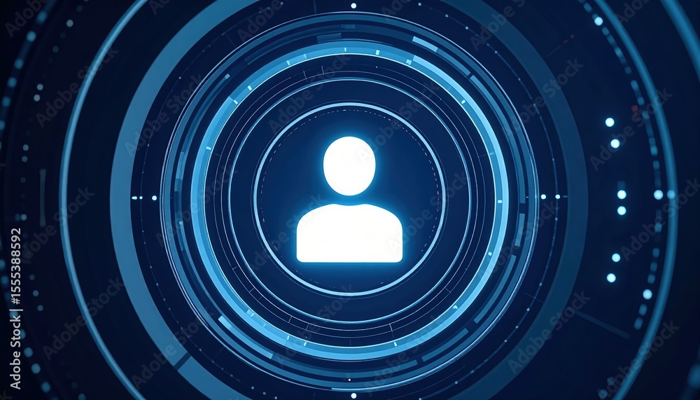 Poster digital user interface concept with a glowing user icon at the center surrounded by concentric circl