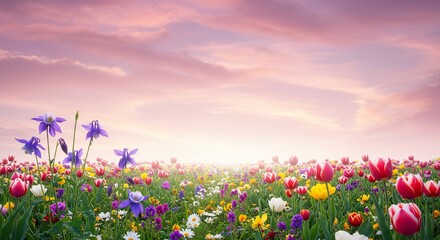 Fototapeta premium Vibrant Tulip and Wildflower Meadow under Pastel Sunset Sky