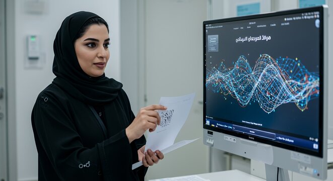 Modern Arab Woman Presents Data Visualization on Sleek Computer Screen