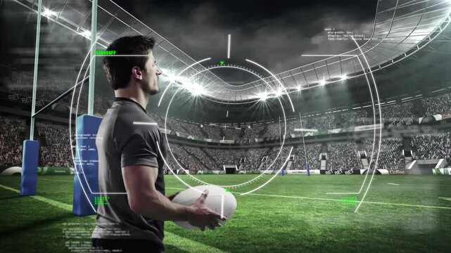 Male athlete activating sports HUD while rotating rugby ball and analyzing trajectory for kick - Powered by Adobe