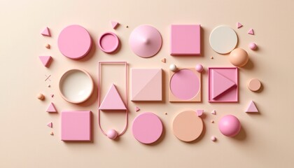 abstract artwork made of floating pastel circles, squares, and triangles arranged symmetrically on soft beige background, elegant balance and clean shadows