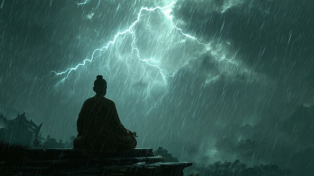 A serene figure meditates amidst a tempest, rain pouring and lightning illuminating the dark sky. This evokes themes of inner peace in chaos, reminiscent of Buddhist teachings on mindfulness.