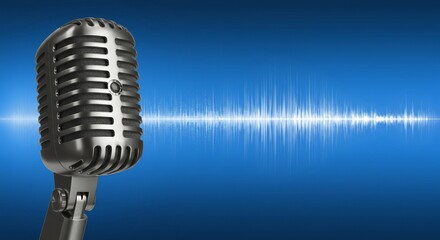 Fototapeta premium Vintage Microphone with Soundwave on Blue Background