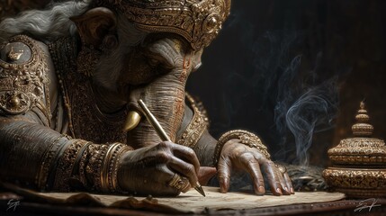 Photorealistic depiction of Ganesh, adorned in ornate gold, writing the Mahabharata, surrounded by smoke and ancient artifacts, evoking a serene and mystical atmosphere.