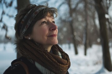 Portrait of a senior woman in the park in wintertime.