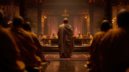Photorealistic depiction of a serene gathering of monks in a dimly lit hall, evoking a sense of reverence and tranquility, reminiscent of Buddhist teachings.