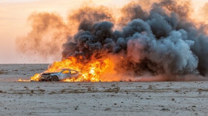 Burning car with black smoke and flames in desert after front-end explosion, vehicle parts scattered across sand, captured from low angle to emphasize dramatic destruction and heat intensity.
