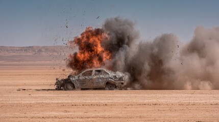 Fototapeta premium Burning car with black smoke and flames in desert after front-end explosion, vehicle parts scattered across sand, captured from low angle to emphasize dramatic destruction and heat intensity.
