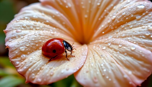 a ladybug on a dok kem (ixora) petal, side lighting and dew covered background, tropical nature style