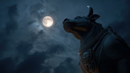 Majestic Nandi statue gazes at a luminous full moon, surrounded by dramatic clouds. This serene scene evokes devotion and reverence, reflecting themes from Hindu mythology.