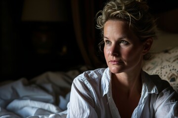 Portrait of a beautiful woman in a white shirt sitting in bed