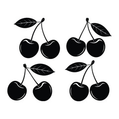 Sweet Cherry Silhouettes with Leaves: Delicious Fruit Icons for Designs

