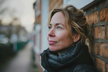 Close up portrait of a beautiful blonde woman with freckles, wearing a black leather jacket and looking at the camera.