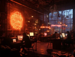 Naklejka premium cyberpunk workspace, neon signs, computer screens, industrial setting