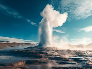 geyser eruption, fantasy landscape, colorful sky, mystical atmosphere