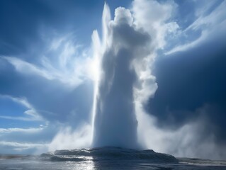 geyser eruption, bright sky, powerful plume, stark landscape
