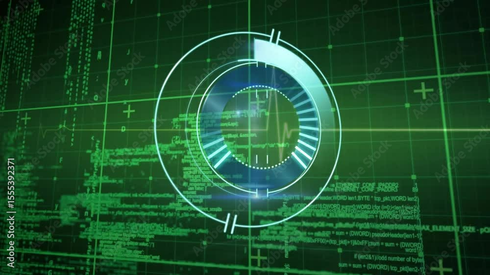 Poster fading in circular hud rings lighting while waveform gliding and code scrolling visualizing data