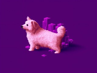 fluffy white puppy, purple background, sitting, playful expression