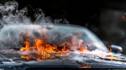 Smoking car with flames and thick smoke rising from the open front hood, showing fire damage and overheating engine failure, representing vehicle malfunction accident danger in dramatic outdoor scene.