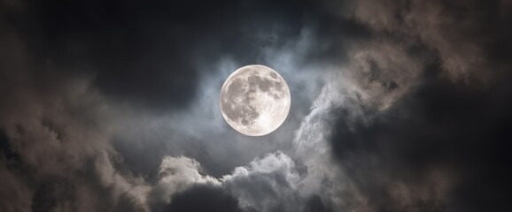 Dramatic Full Moon Shining Through Dark Clouds in Night Sky with Celestial Glow