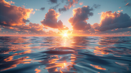 Serene sunset over calm ocean waters.  A breathtaking view of a vibrant sunset reflecting on the still surface of a vast ocean, with fluffy clouds painted in hues of orange and pink.