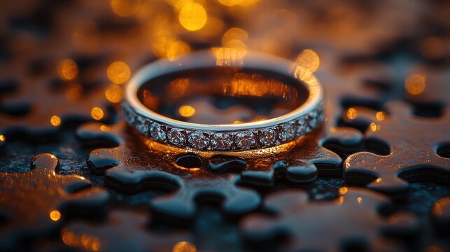 Close-up of a diamond ring resting on a bed of puzzle pieces, illuminated by warm bokeh lights. - Powered by Adobe